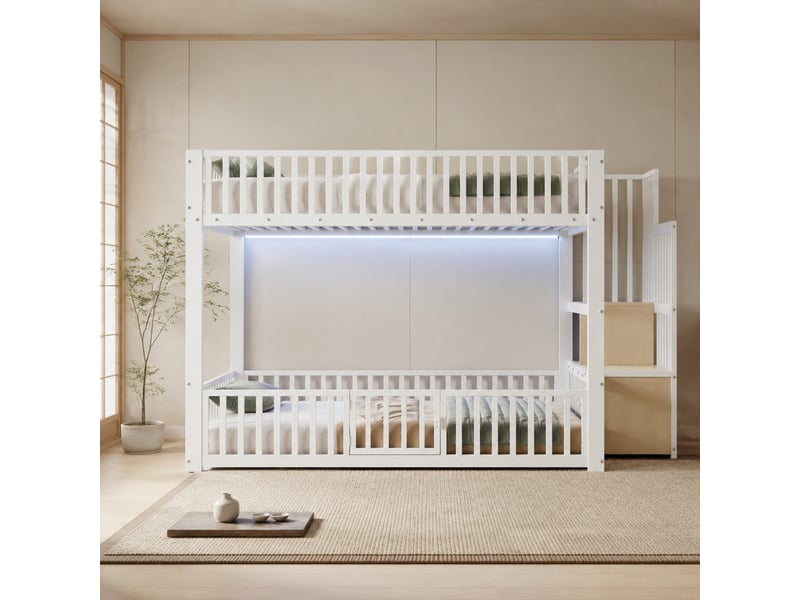  Lit superposé enfant 140x200 cm blanc avec escalier de rangement et led  - Conforama B