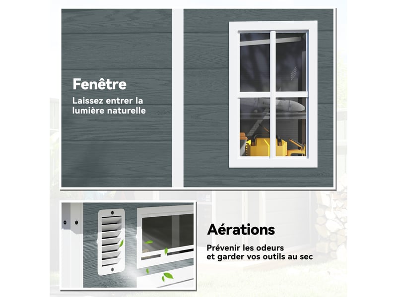  Abri de jardin en résine 3,3 m² avec plancher intégré, double porte, fenêtres, gris  - Conforama W