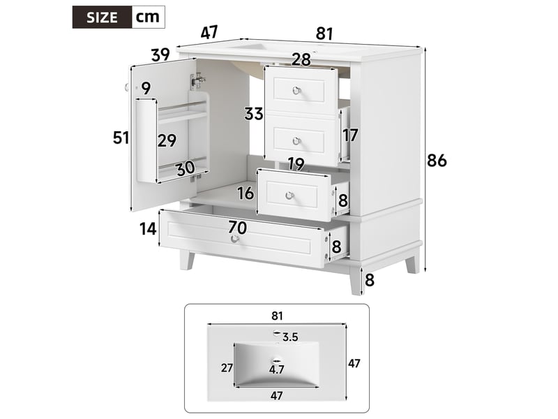 Meuble sous vasque avec 3 tiroirs, 1 porte à fermeture douce et rangement pour salle de bain, blanc, 81 × 47 × 86 cm - Conforama E