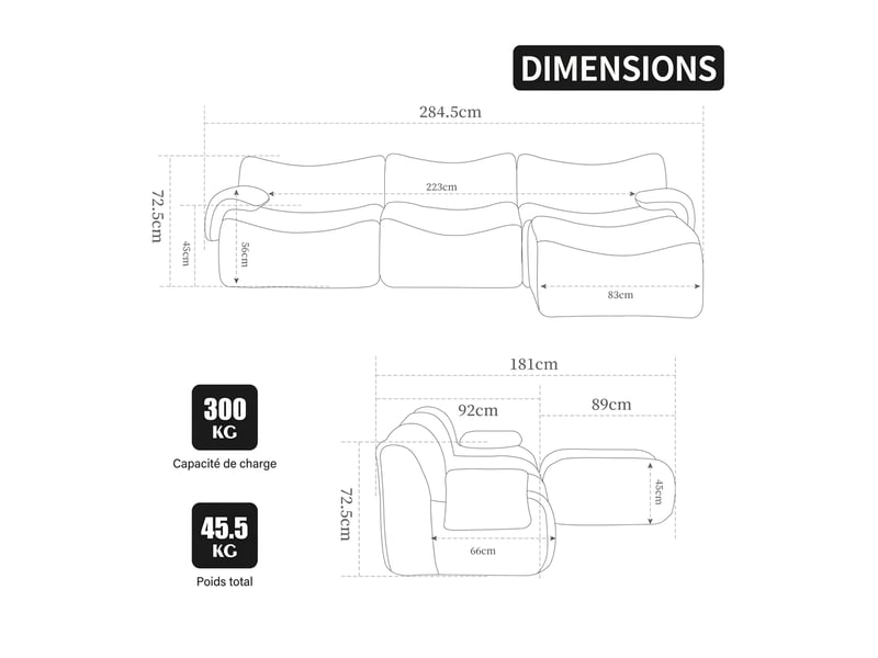  Canapé modulable en chenille 3 places gris sans montage base antidérapante confort moelleux  - Conforama C
