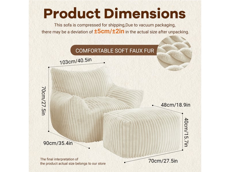  Fauteuil de détente,103x90x70 cm,avec repose-pieds,flanellette,blanc  - Conforama C