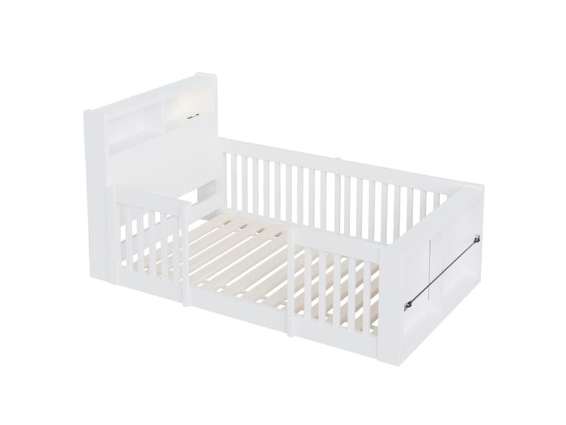 Lit enfant 90x190 cm - lit simple avec espace de rangement - tête de lit avec veilleuse et usb - bois - blanc - Conforama R