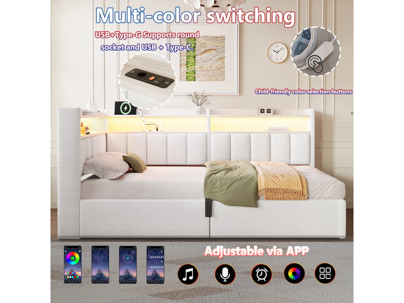  Lit banquette coffre 90x200 cm en velours blanc crème avec hydraulique, led, usb et meuble latéral réversible gauchedroite Morn Vibe - Conforama D