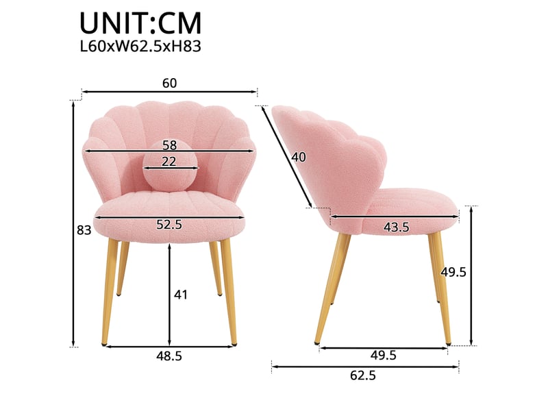 Lot de 2 chaises de salle à manger 60 x 62,5 x 83 cm roses, tissu peluche, pieds métalliques dorés - Conforama C
