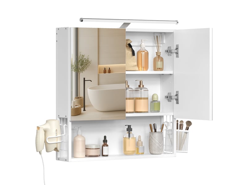 Meuble de salle de bain avec éclairage led, multiprise, panier suspendu, support pour sèche-cheveux, pour lavabo, blanc - Conforama A