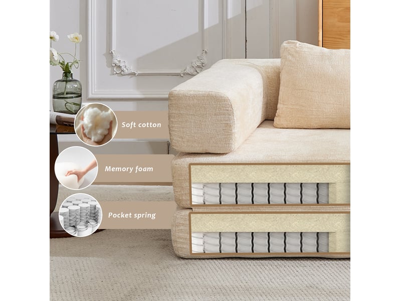  Canapé convertible modenvie modulable 2 places en tissu chenille beige, 200 x 100 x 63 cm  - Conforama E