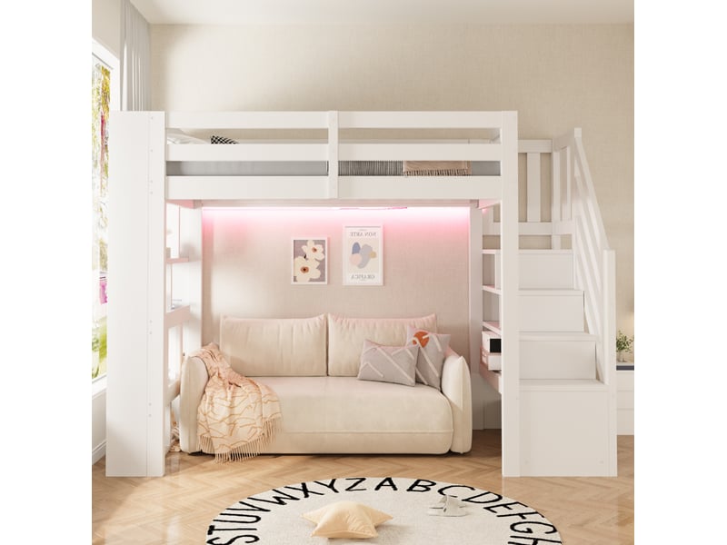 Lit mezzanine 90x200 cm avec rangements, garde-corps et led, blanc, sans matelas - Conforama B