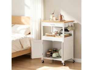 Desserte de cuisine avec 1 tiroir, étagère, meuble 2 portes, prises et roulettes, blanc effet bambou 60 × 45 × 92 cm