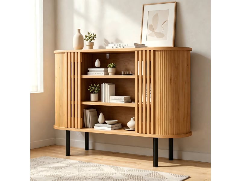  Buffet de rangement à 3 niches ouvertes sur pieds réglables - lpospi - lattes verticales mdf naturel 120 × 40 × 80 cm  - Conforama B