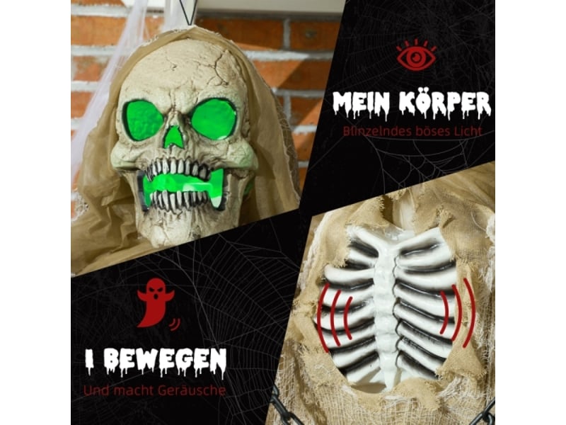  Décoration halloween squelette suspendu khaki, tête lumineuse, hurlement et bras flexibles  - Conforama C