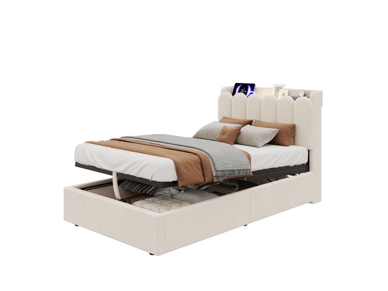  Lit coffre rembourré 90x200 cm coloris beige velours  - Conforama A