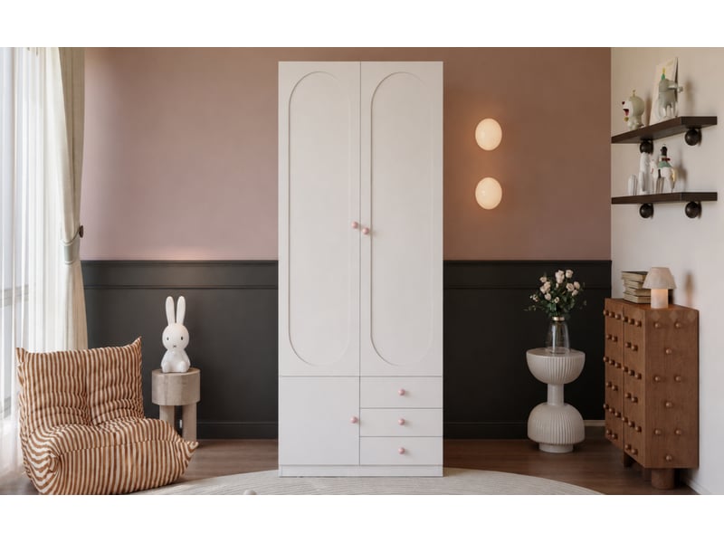  Armoire enfant avec 2 portes, 3 tiroirs, penderie et étagères pour chambre, en mdf blanc, 80 × 50 × 200 cm  - Conforama E