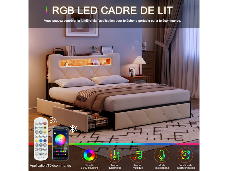  Lit 140x190, pocketpop, tête capitonnée led, 4 tiroirs, 2 usb + type-c, sommier à lattes, velours beige  - Conforama D