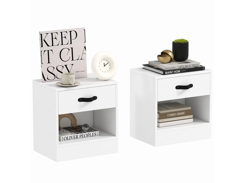  Lot de 2 tables de chevet avec tiroir et compartiment ouvert pour salon, 39 x 28 x 41 cm, blanches  - Conforama A