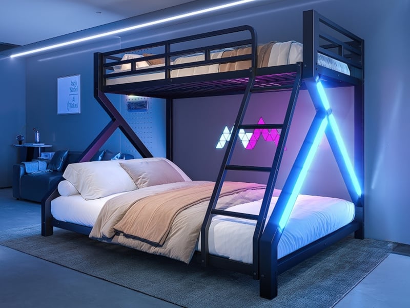  Lit superposé, 90 x 200 cm + 140 x 200 cm, structure en fer, lit d'enfant, avec bande lumineuse led, barrières de sécurité, échelle, sans matelas, noir  - Conforama B