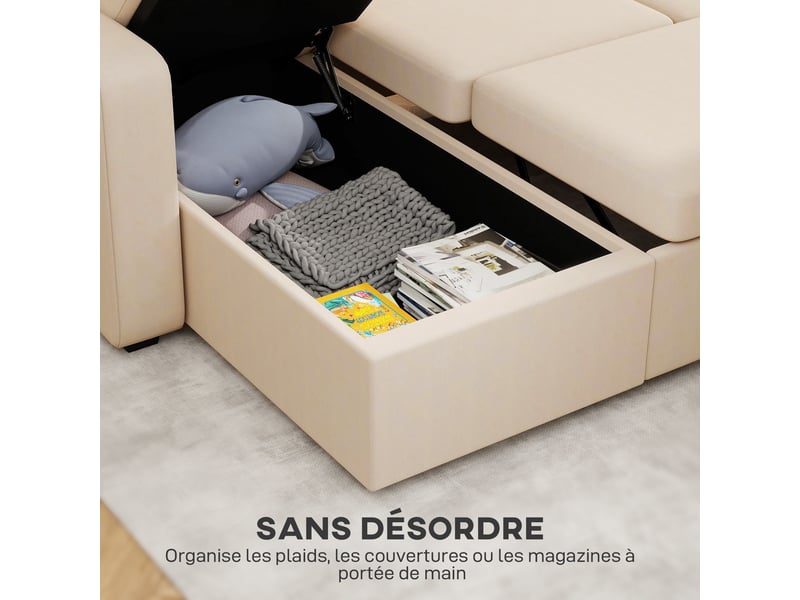  Canapé d'angle convertible en velours côtelé, canapé-lit 3 places avec rangement caché, coussins, beige, 205x135x76cm  - Conforama R