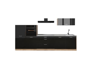 Vicco cuisine, noir haute brillancechêne doré, 340cm plan de travail marbre