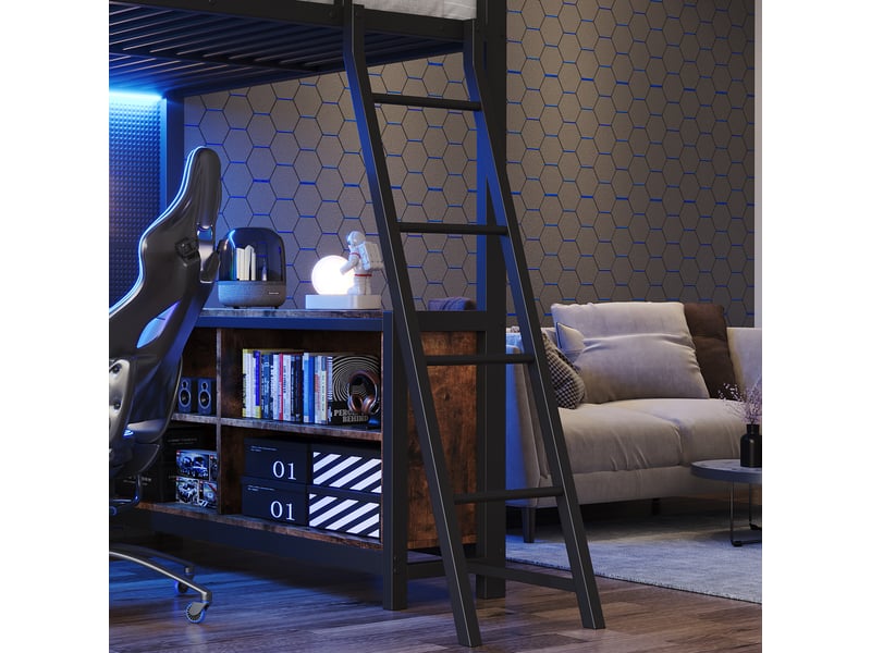  Lit mezzanine 120 x 200 cm - avec prise de courant et lumière led - avec bureau , plateau pour clavier et espace de rangement - noir (matelas non inclus)  - Conforama W