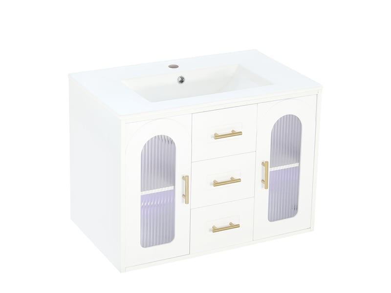 Meuble vasque mural blanc 76 cm avec lavabo, porte en verre strié, led et tiroirs - Conforama E