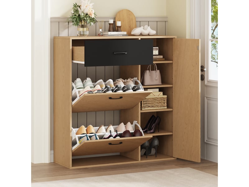 Meuble à chaussures - 100x35x106cm - 2 portes abattantes, 1 tiroir &amp; 1 placard latéral en mdf - bois &amp; noir  - Conforama D