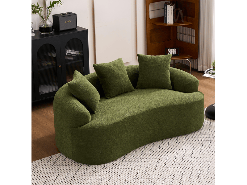 Canapé 2 places modulaire incurvé 153x94x63 cm vert en chenille, assise profonde avec 3 coussins décoratifs  - Conforama B