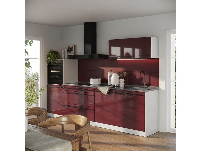 Vicco cuisine, rouge brillantblanc, 280cm plan de travail chêne doré - Conforama C