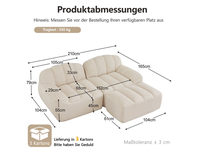 Canapé modulable d'angle 2 places avec ottoman beige blanc - Conforama E