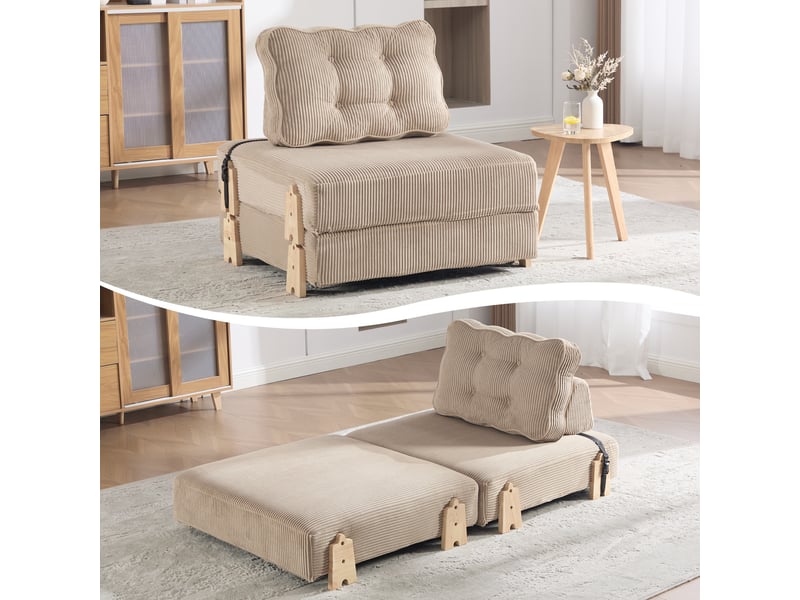  Fauteuil convertible lit escamotable design scandinave cord khaki structure bois 90x86x84 cm  - Conforama B