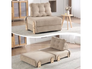 Fauteuil convertible lit escamotable design scandinave cord khaki structure bois 90x86x84 cm