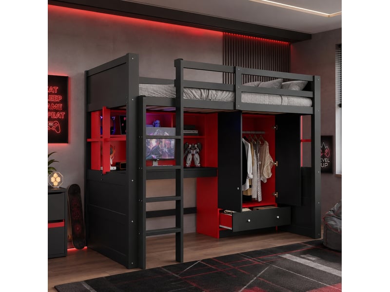 Lit mezzanine 90x200 cm avec bureau, armoire, tiroirs, led et prises noir et rouge - Conforama D