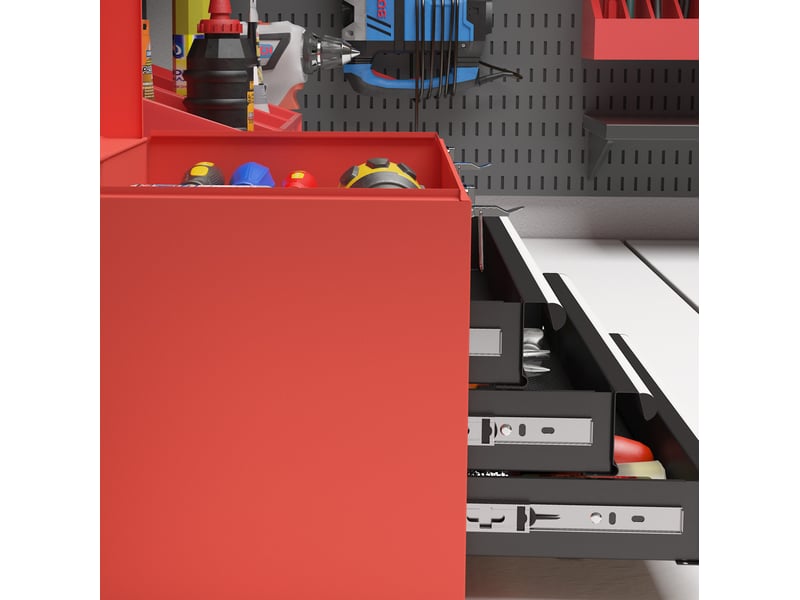 Caisse à outils 45 x 24 x 27 cm rouge en acier, 3 tiroirs, compartiment supérieur et poignée de transport - Conforama E