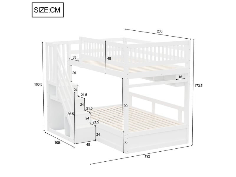  Lit superposé en bois massif, 140 × 200 cm, escalier avec rangement, mécanisme hydraulique, étagère et éclairage led, blanc  - Conforama C