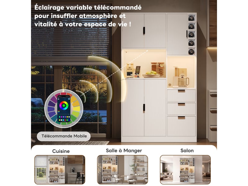  Armoire de cuisine moderne 180cm meuble de rangement avec led prises usb tiroirs et cave à vin armoire salle à manger  - Conforama D