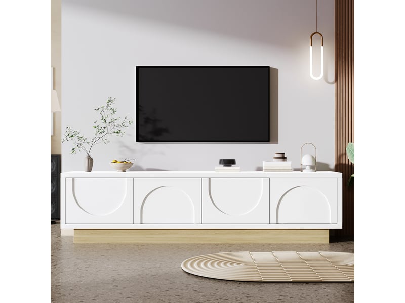  Meuble tv, 175x40x41,5 cm, effet bois, 4 portes, passe-câbles, lignes courbées, design moderne et élégant pour salon  - Conforama B