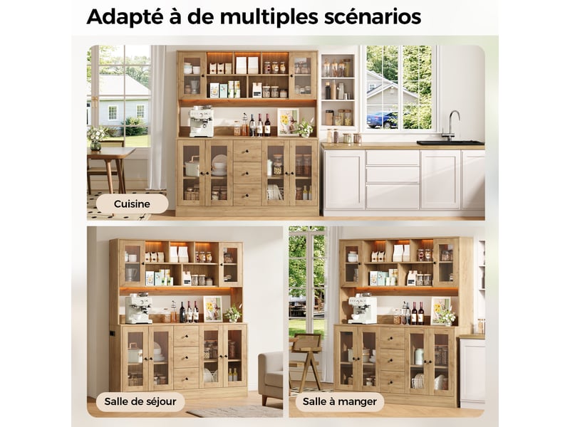  Meuble de cuisine muvano, buffet haut avec éclairage led et 6 portes en acrylique  - Conforama B