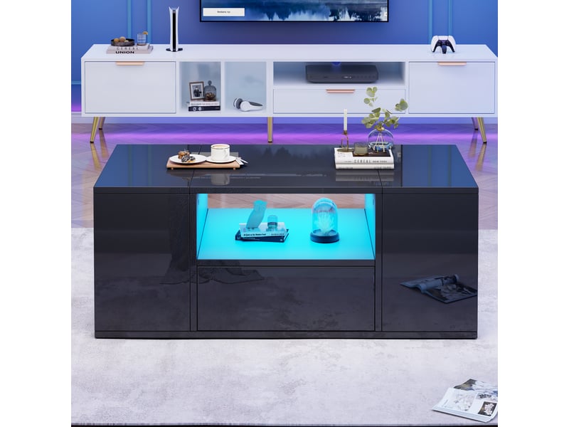  Table basse noire brillante avec led, table de salon avec rangements, 1 tiroir et 2 compartiments, 100x50x40 cm  - Conforama R