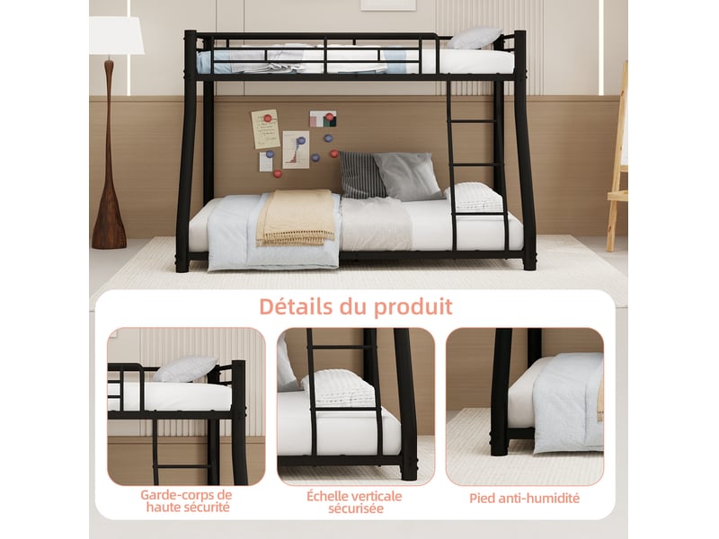  Lit superposé, 90x190 cm et 140x190 cm, couchage superposé, structure robuste, matelas non inclus, métal, coloris noir  - Conforama E