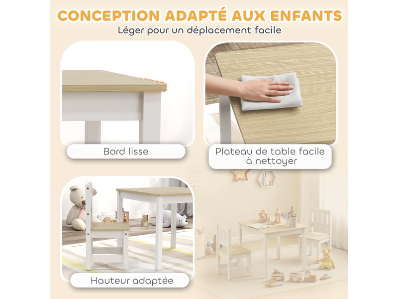  Table enfant avec chaise, lot table et 2 chaises enfant en bois pour dessiner, jouer, étudier, bois naturel, 56x52x48cm  - Conforama A