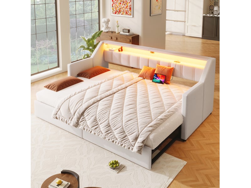  Lit enfant gigogne extensible 90 x 200cm 2 tiroirs usb type‑c led multicolore lin, mdf, beige sans matelas  - Conforama D