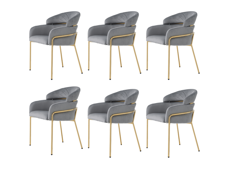 Chaise de salle à manger lot de 6 avec dossier enveloppant et quatre pieds en métal, en velours gris - Conforama A