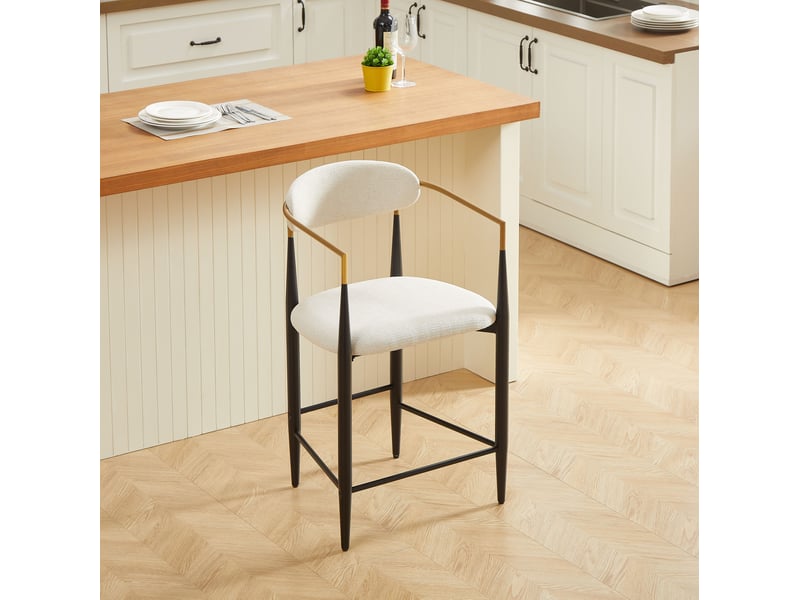  Tabouret de bar lot de 2 avec accoudoirs et dossier, assise en tissu, noir et beige  - Conforama C