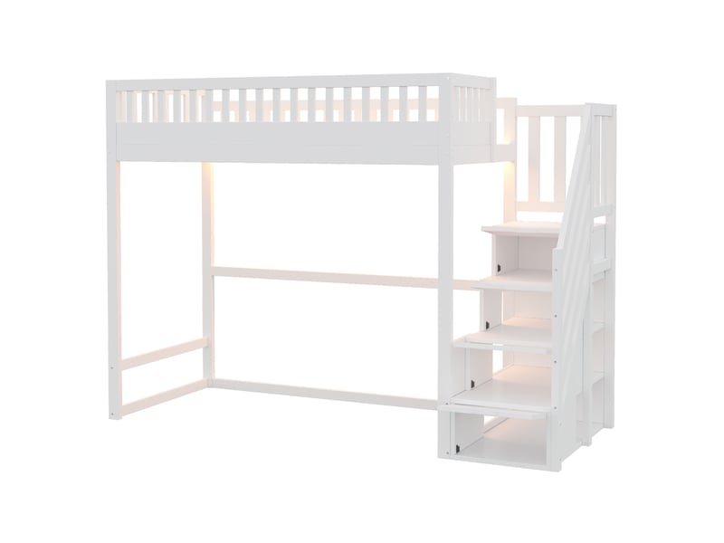  Elvmi lit mezzanine 90x200 cm en bois de pin blanc avec échelle réversible, garde-corps sécurisés, marches de rangement intégrées, éclairage led sous le couchage, sommier à lattes et espace ouvert dessous, pour chambre enfant et…  - Conforama A