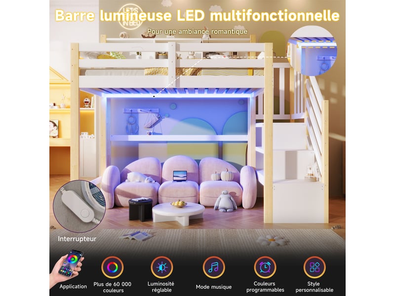  Lit mezzanine enfant 90x200 cm avec led et escalier à rangements, lit surélevé avec garde-corps, pin et mdf, blanc et bois naturel  - Conforama E
