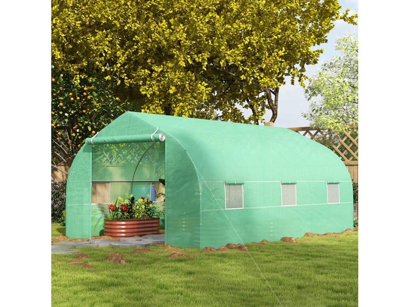  Serre de jardin 350 x 300 x 200 cm verte en acier galvanisé, porte zippée et fenêtres enroulables latérales  - Conforama E