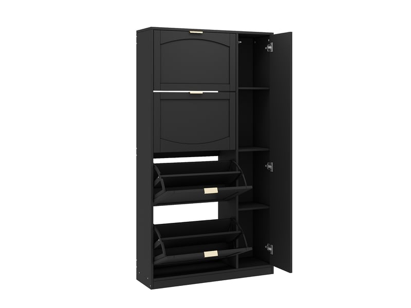  Meuble à chaussures miroir 80 x 24 x 147 cm, 4 compartiments rabattables, étagère réglable derrière la porte droite, pour entrée, noir  - Conforama E