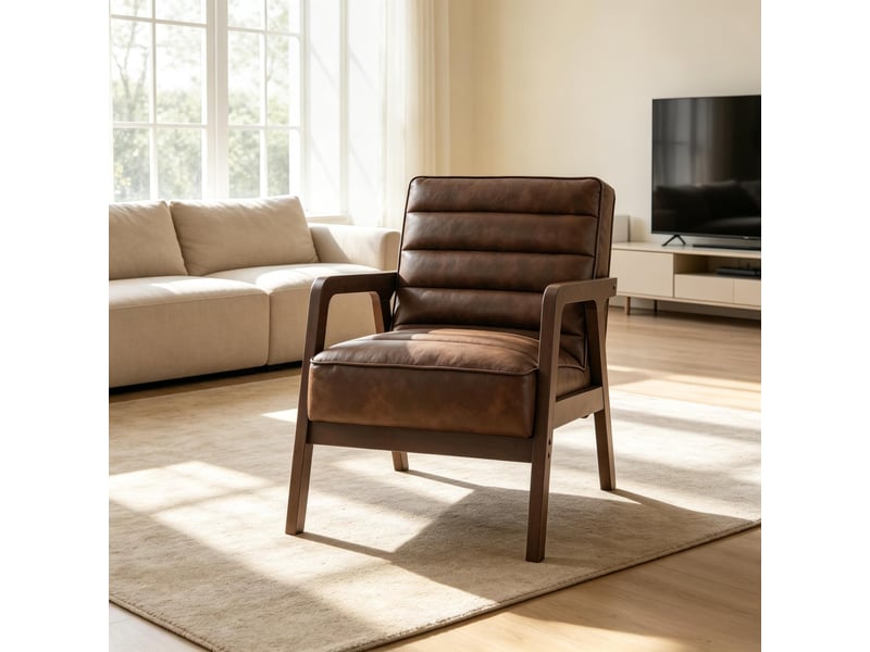  Fauteuil de salon rembourré en bois massif et pu, grande assise avec coussin épais  - Conforama B