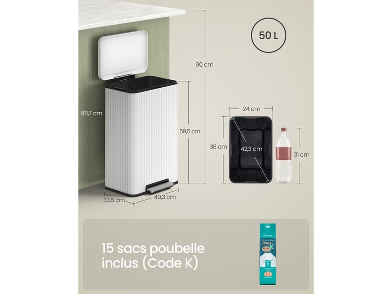  Poubelle de cuisine 50 l avec pédale et seau intérieur amovible 40,3 x 33,6 x 62,5 cm en acier blanc 12_0012834  - Conforama B