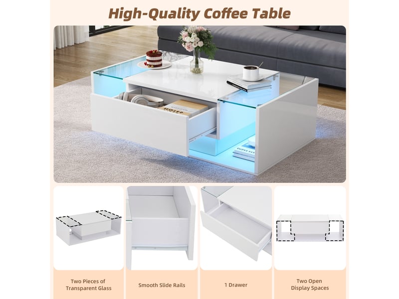 Table basse blanc 100×50×31 cm, table de salon moderne avec éclairage led et tiroir, table d'appoint en verre trempé - brillante - Conforama D