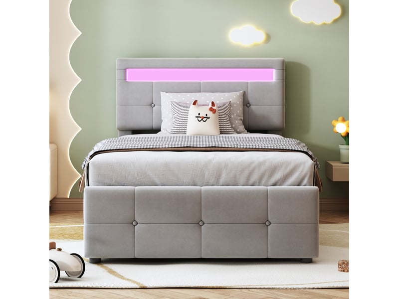  Lit enfant 90x200 cm avec led, coffre hydraulique et tête de lit réglable gris  - Conforama D