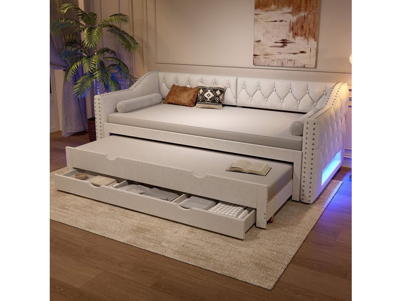 Lit enfant 90x200cm lit gigogne avec 3 tiroirs led 7 couleurs, design minimaliste, lin beige, sans matelas - Conforama W